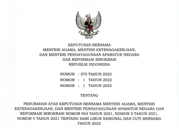 HARI LIBUR NASIONAL DAN CUTI BERSAMA TAHUN 2022