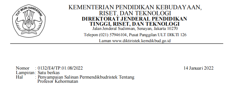 Penyampaian Salinan Permendikbudristek Tentang Profesor Kehormatan