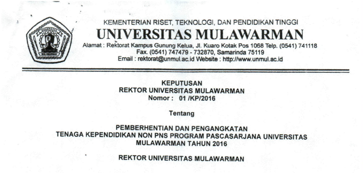 Pemberhentian dan Pengangkatan Tenaga Kependidikan Non PNS Program Pascasarjana Universitas Mulawarman Tahun 2016