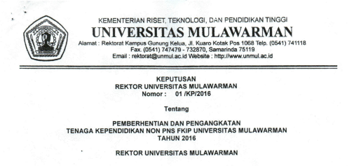 Pemberhentian dan Pengangkatan Tenaga Kependidikan Non PNS FKIP Universitas Mulawarman Tahun 2016
