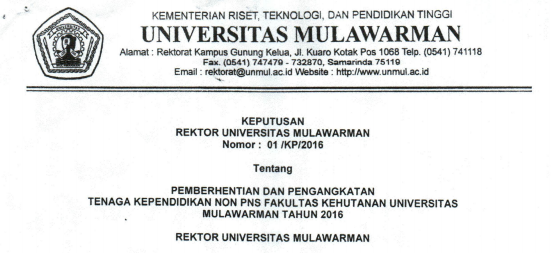Pemberhentian dan Pengangkatan Tenaga Kependidikan Non PNS FAHUTAN Universitas Mulawarman Tahun 2016