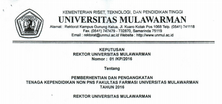 Pemberhentian dan Pengangkatan Tenaga Kependidikan Non PNS FARMASI Universitas Mulawarman Tahun 2016