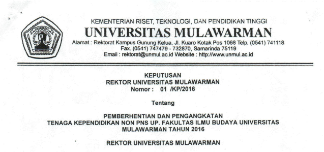 Pemberhentian dan Pengangkatan Tenaga Kependidikan Non PNS FIB Universitas Mulawarman Tahun 2016