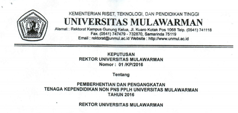Pemberhentian dan Pengangkatan Tenaga Kependidikan Non PNS PPLH Universitas Mulawarman Tahun 2016