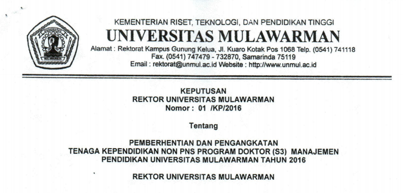Pemberhentian dan Pengangkatan Tenaga Kependidikan Non PNS PROGRAM DOKTOR (S3) MANAJEMEN PENDIDIKAN Universitas Mulawarman Tahun 2016