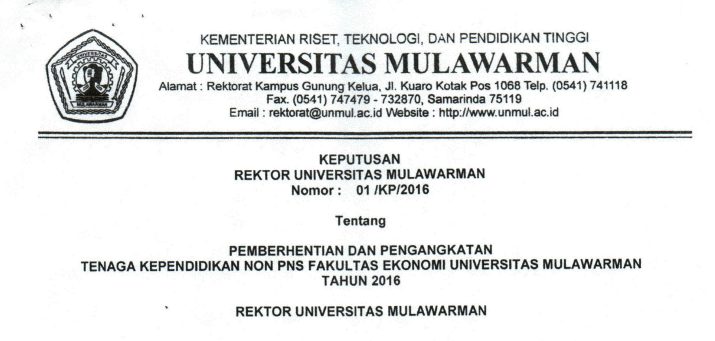 Pemberhentian dan Pengangkatan Tenaga Kependidikan Non PNS FEB Universitas Mulawarman Tahun 2016
