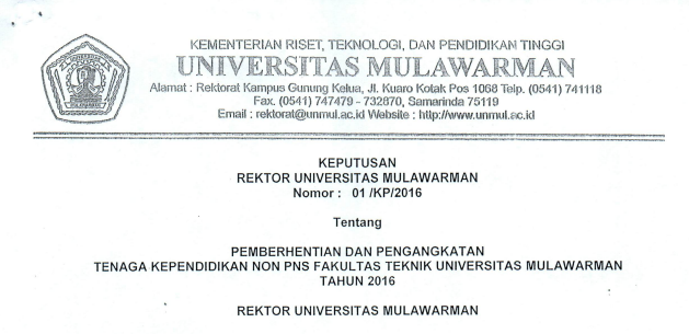 Pemberhentian dan Pengangkatan Tenaga Kependidikan Non PNS FT Universitas Mulawarman Tahun 2016