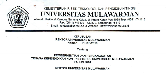 Pemberhentian dan Pengangkatan Tenaga Kependidikan Non PNS FISIPOL Universitas Mulawarman Tahun 2016