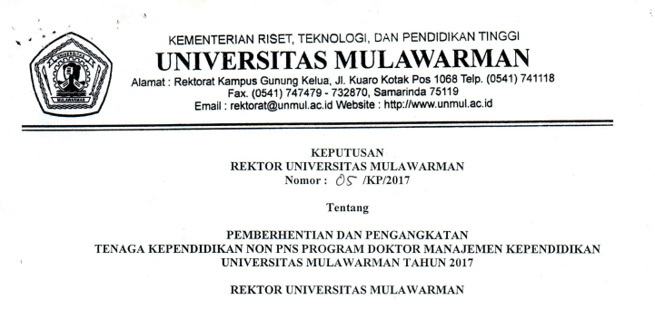 Pemberhentian dan Pengangkatan Tenaga Kependidikan Non PNS PROGRAM DOKTOR MANAJEMEN KEPENDIDIKAN Universitas Mulawarman Tahun 2017