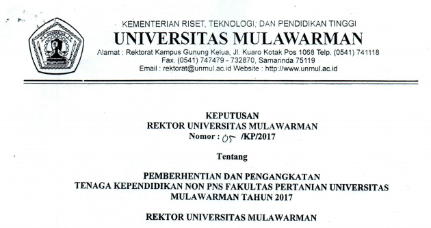 Pemberhentian dan Pengangkatan Tenaga Kependidikan Non PNS FAKULTAS PERTANIAN Universitas Mulawarman Tahun 2017