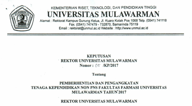 Pemberhentian dan Pengangkatan Tenaga Kependidikan Non PNS FAKULTAS FARMASI Universitas Mulawarman Tahun 2017