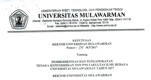 Pemberhentian dan Pengangkatan Tenaga Kependidikan Non PNS FAKULTAS ILMU BUDAYA Universitas Mulawarman Tahun 2017