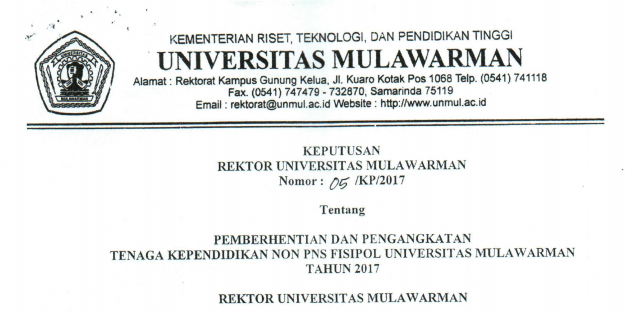 Pemberhentian dan Pengangkatan Tenaga Kependidikan Non PNS FISIPOL Universitas Mulawarman Tahun 2017