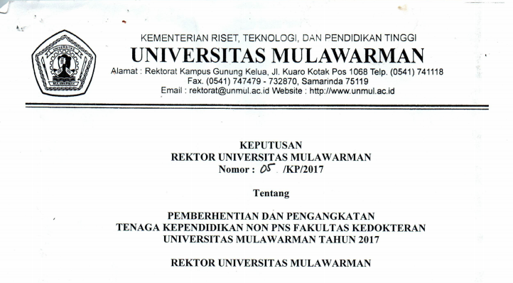 Pemberhentian dan Pengangkatan Tenaga Kependidikan Non PNS FAKULTAS KEDOKTERAN Universitas Mulawarman Tahun 2017