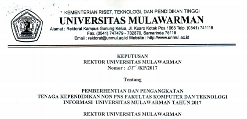 Pemberhentian dan Pengangkatan Tenaga Kependidikan Non PNS FKTI Universitas Mulawarman Tahun 2017