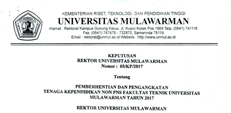 Pemberhentian dan Pengangkatan Tenaga Kependidikan Non PNS FT Universitas Mulawarman Tahun 2017