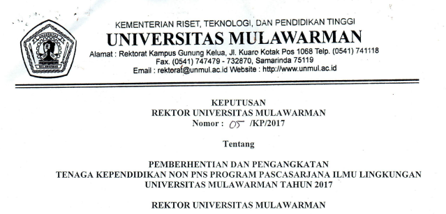 Pemberhentian dan Pengangkatan Tenaga Kependidikan Non PNS PASCASARJANA ILMU LINGKUNGAN Universitas Mulawarman Tahun 2017