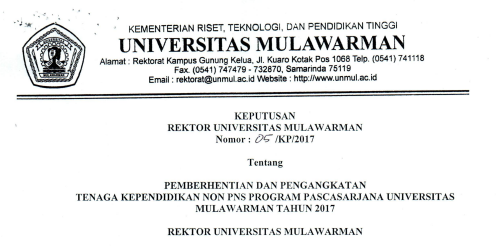 Pemberhentian dan Pengangkatan Tenaga Kependidikan Non PNS PASCASARJANA Universitas Mulawarman Tahun 2017
