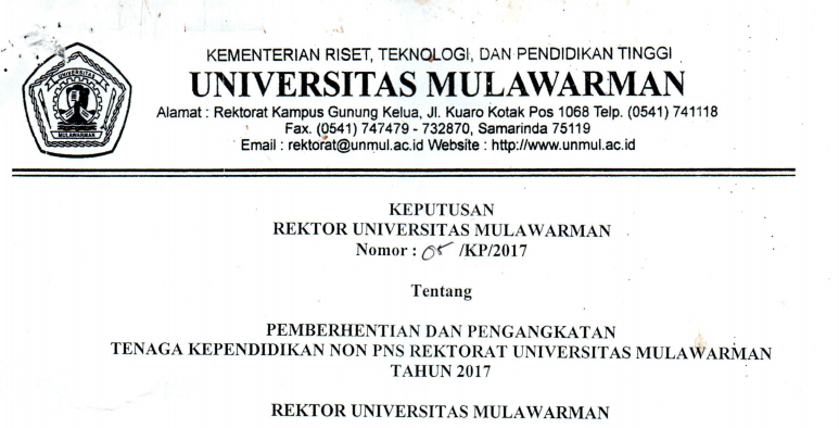 Pemberhentian dan Pengangkatan Tenaga Kependidikan Non PNS REKTORAT Universitas Mulawarman Tahun 2017