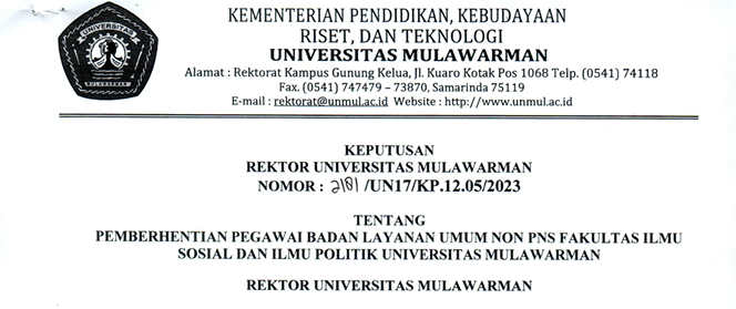 Pemberhentian Pegawai Badan Layanan Umum NON PNS Fakultas Ilmu Sosial dan Ilmu Poltik Universitas Mulawarman