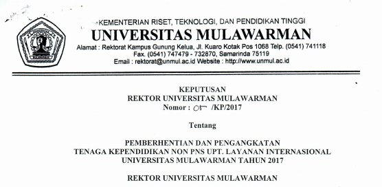 Pemberhentian dan Pengangkatan Tenaga Kependidikan Non PNS UPT. LAYANAN INTERNASIONAL Universitas Mulawarman Tahun 2017