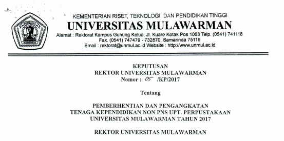 Pemberhentian dan Pengangkatan Tenaga Kependidikan Non PNS UPT. PERPUSTAKAAN Universitas Mulawarman Tahun 2017