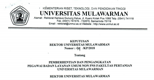 Pemberhentian dan Pengangkatan Pegawai Badan Layanan Umum Non PNS FAKULTAS PERTANIAN Universitas Mulawarman
