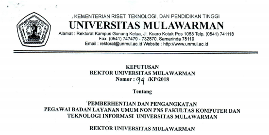 Pemberhentian dan Pengangkatan Pegawai Badan Layanan Umum Non PNS FKTI Universitas Mulawarman