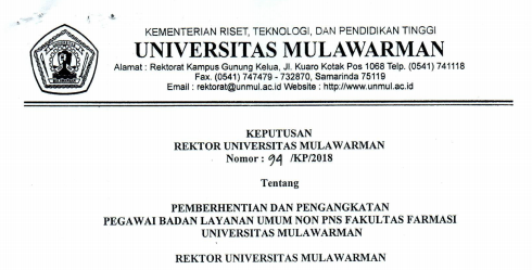 Pemberhentian dan Pengangkatan Pegawai Badan Layanan Umum Non PNS FAKULTAS FARMASI Universitas Mulawarman