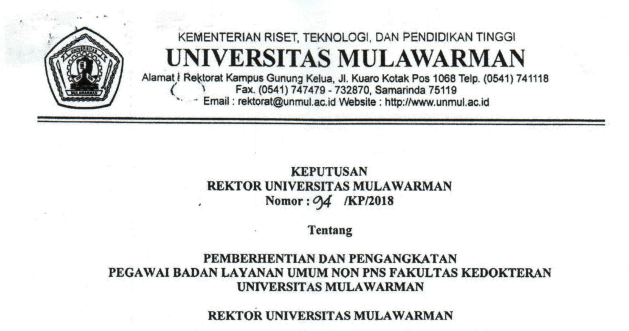 Pemberhentian dan Pengangkatan Pegawai Badan Layanan Umum Non PNS FK Universitas Mulawarman