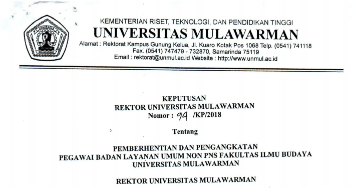 Pemberhentian dan Pengangkatan Pegawai Badan Layanan Umum Non PNS FIB Universitas Mulawarman