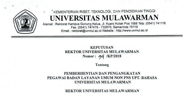 Pemberhentian dan Pengangkatan Pegawai Badan Layanan Umum Non PNS UPT. BAHASA Universitas Mulawarman