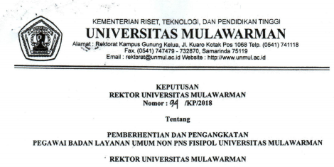 Pemberhentian dan Pengangkatan Pegawai Badan Layanan Umum Non PNS FISIPOL Universitas Mulawarman