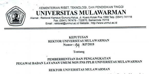 Pemberhentian dan Pengangkatan Pegawai Badan Layanan Umum Non PNS PPLH Universitas Mulawarman