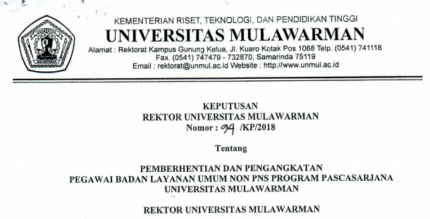 Pemberhentian dan Pengangkatan Pegawai Badan Layanan Umum Non PNS PROGRAM PASCASARJANA Universitas Mulawarman