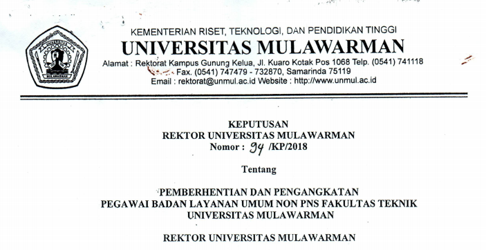 Pemberhentian dan Pengangkatan Pegawai Badan Layanan Umum Non PNS FT Universitas Mulawarman