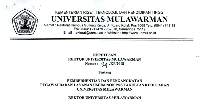 Pemberhentian dan Pengangkatan Pegawai Badan Layanan Umum Non PNS FAHUTAN Universitas Mulawarman