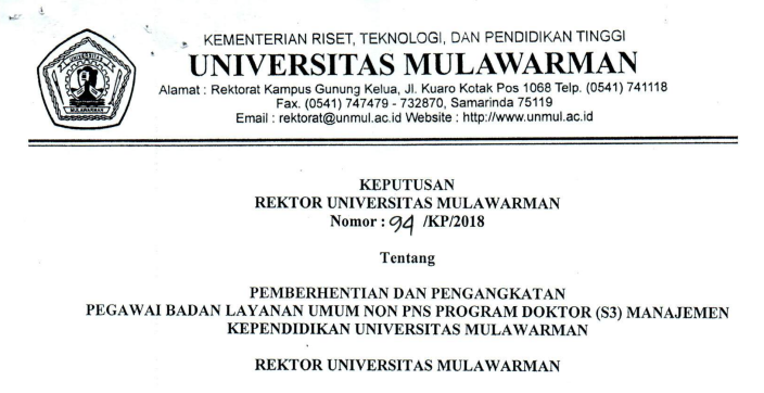 Pemberhentian dan Pengangkatan Pegawai Badan Layanan Umum Non PNS PROGRAM DOKTOR (S3) MANAJEMEN KEPENDIDIKAN Universitas Mulawarman
