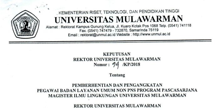 Pemberhentian dan Pengangkatan Pegawai Badan Layanan Umum Non PNS PROGRAM PASCASARJANA MAGISTER ILMU LINGKUNGAN Universitas Mulawarman