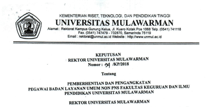 Pemberhentian dan Pengangkatan Pegawai Badan Layanan Umum Non PNS FKIP Universitas Mulawarman