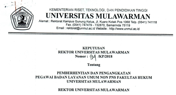 Pemberhentian dan Pengangkatan Pegawai Badan Layanan Umum Non PNS FH Universitas Mulawarman