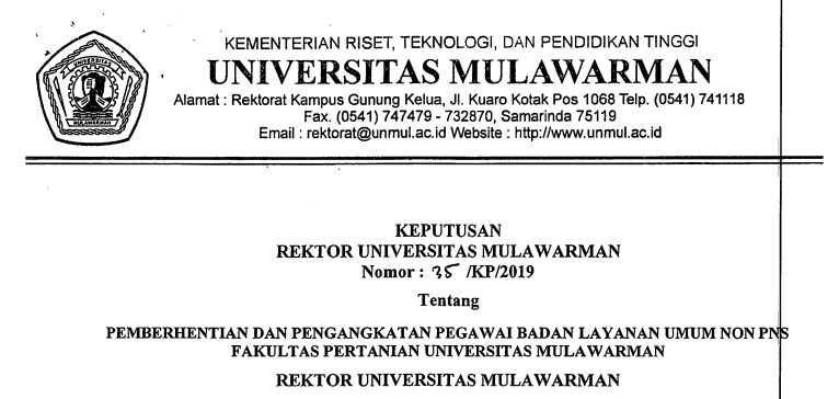 Pemberhentian dan Pengangkatan Pegawai Badan Layanan Umum Non PNS FAPERTA Universitas Mulawarman