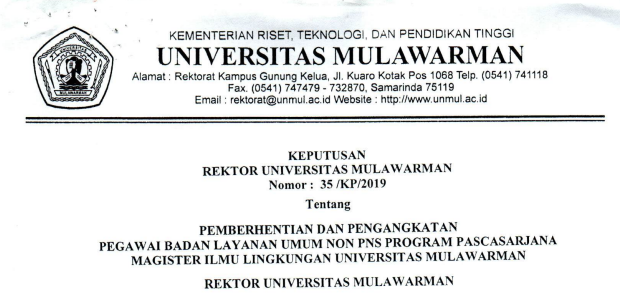 Pemberhentian dan Pengangkatan Pegawai Badan Layanan Umum Non PNS PROGRAM PASCASARJANA MAGISTER ILMU LINGKUNGAN Universitas Mulawarman