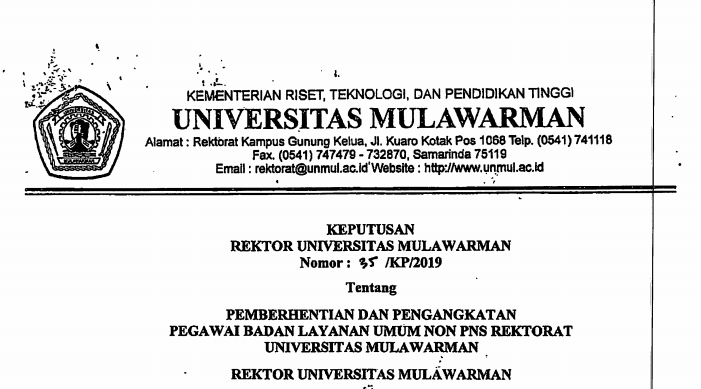 Pemberhentian dan Pengangkatan Pegawai Badan Layanan Umum Non PNS REKTORAT Universitas Mulawarman
