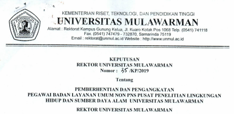 Pemberhentian dan Pengangkatan Pegawai Badan Layanan Umum Non PNS PUSAT PENELITIAN LINGKUNGAN HIDUP DAN SUMBER DAYA ALAM Universitas Mulawarman