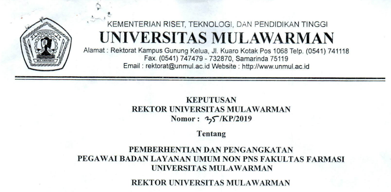 Pemberhentian dan Pengangkatan Pegawai Badan Layanan Umum Non PNS FAKULTAS FARMASI Universitas Mulawarman