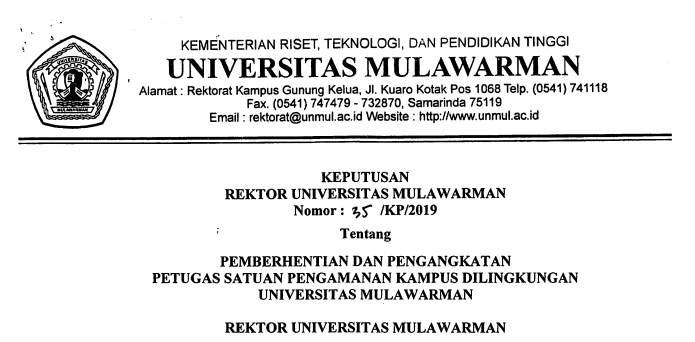 Pemberhentian dan Pengangkatan Pegawai Badan Layanan Umum Non PNS SATUAN PENGAMANAN KAMPUS DILINGKUNGAN Universitas Mulawarman