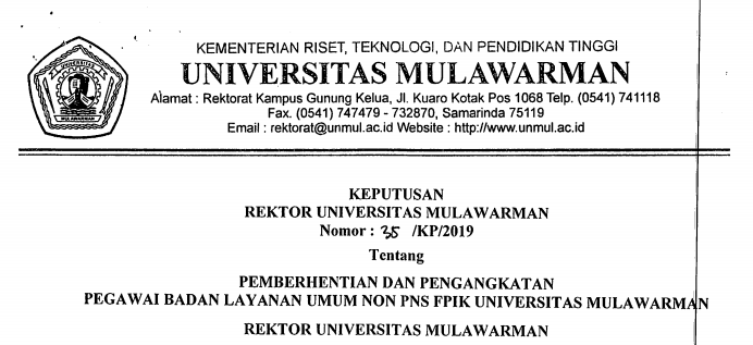 Pemberhentian dan Pengangkatan Pegawai Badan Layanan Umum Non PNS FPIK Universitas Mulawarman