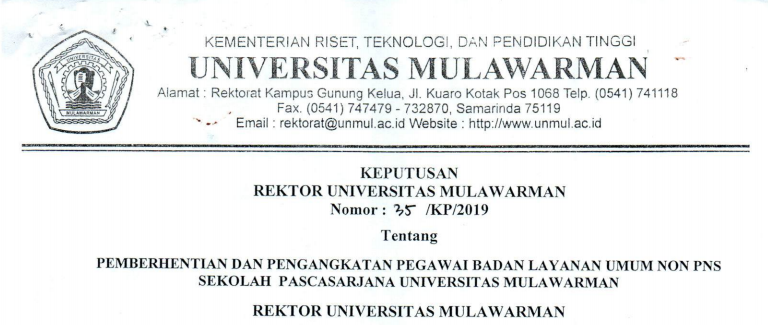 Pemberhentian dan Pengangkatan Pegawai Badan Layanan Umum Non PNS SEKOLAH PASCASARJANA Universitas Mulawarman