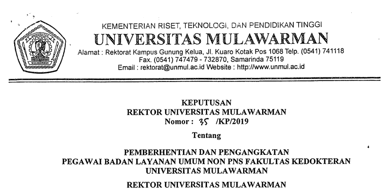 Pemberhentian dan Pengangkatan Pegawai Badan Layanan Umum Non PNS FK Universitas Mulawarman